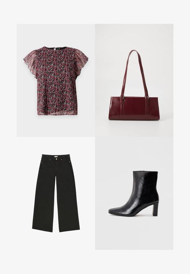 Schwarze transparente Bluse mit rotem und pinkem Blumenmuster und flatternden Ärmeln, mit rundem Ausschnitt und einem Knopfverschluss mit Schlitz auf der Rückseite.; Schwarze weit geschnittene Jeans aus Denim, mit hoher Taille, Vordertaschen und kontrastierendem goldfarbenem Zubehör. Sauberer, gerader Schnitt.; Schwarze Knöchelstiefel aus glänzendem Leder mit spitzem Zustand und mittelhohem Blockabsatz, mit glatter Textur und einfachem Design.; Burgunderfarbene Handtasche aus glänzendem Material, rechteckige Form, mit zwei Schulterriemen und subtilen, geschwungenen Akzenten an der Vorderseite.