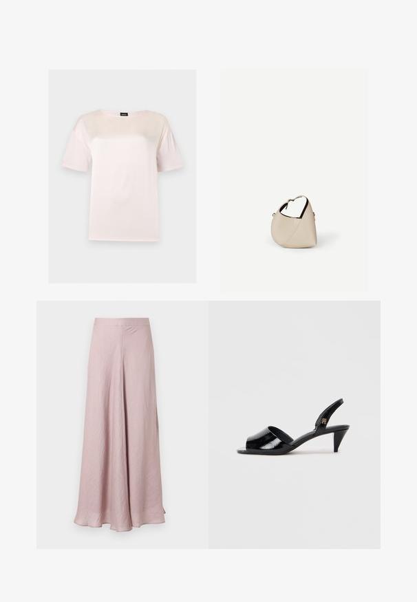 T-shirt en coton rose clair à manches courtes avec un col rond et une étiquette noire de la marque BOSS à l'intérieur du col.; Jupe midi fluide rose clair avec une texture lisse et une légère évasement, dotée d'une taille haute et d'une couture centrale avant.; Talons slingback en cuir verni noir avec un open toe, présentant un talon mince et un accent de marque sur la sangle.; Sac à main en cuir beige en forme de croissant avec une seule bandoulière et des coutures minimalistes, posé sur un fond blanc uni.