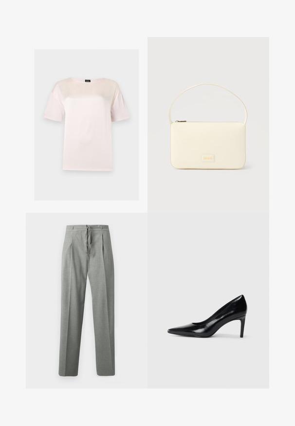 T-shirt en coton rose clair à manches courtes avec un col rond et une étiquette noire de la marque BOSS à l'intérieur du col.; Pantalon gris sur mesure avec plis, poches latérales, passants pour ceinture et fermeture à cordon à l'avant, présenté sur un fond blanc.; Chaussure à talon haut en cuir noir avec un bout pointu, texture lisse et un talon effilé. Design minimaliste, sans embellissements supplémentaires.; Sac à main rectangulaire de couleur crème avec une seule sangle et une fermeture éclair sur le dessus, comportant une petite plaque de logo embossé à l'avant.