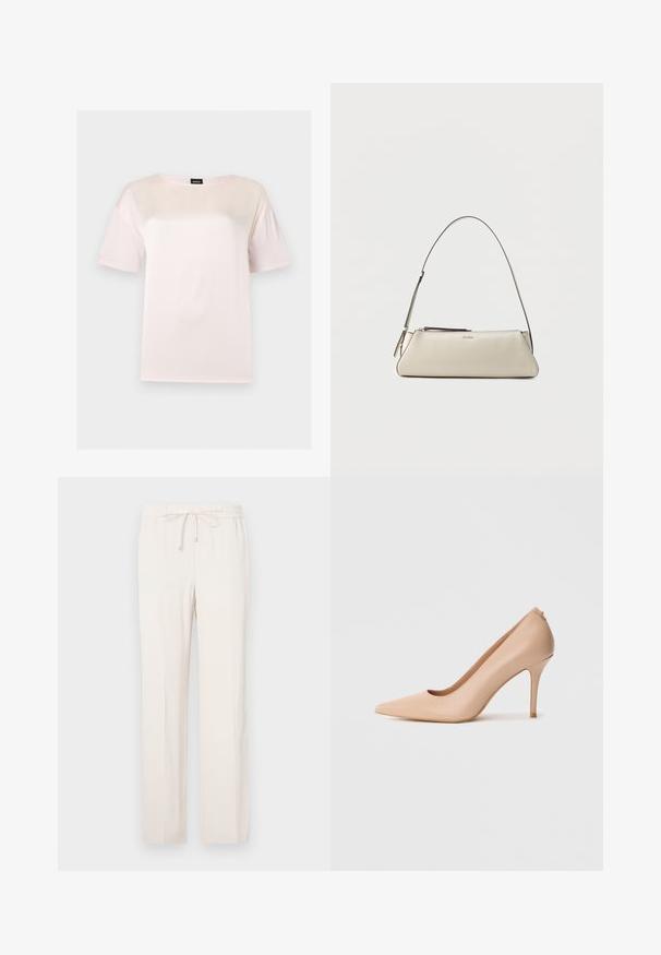 T-shirt en coton rose clair à manches courtes avec un col rond et une étiquette noire de la marque BOSS à l'intérieur du col.; Pantalon beige clair avec une taille élastique et un cordon de serrage, présentant une coupe droite et une texture lisse. Aucune poche visible.; Escarpin à talon haut en cuir beige avec un bout pointu, une texture lisse et un talon aiguille fin. Design minimaliste avec un style à enfiler.; Petit sac à épaule en cuir beige avec une fine bandoulière et une fermeture éclair, orné d'un logo métallique discret au centre avant.
