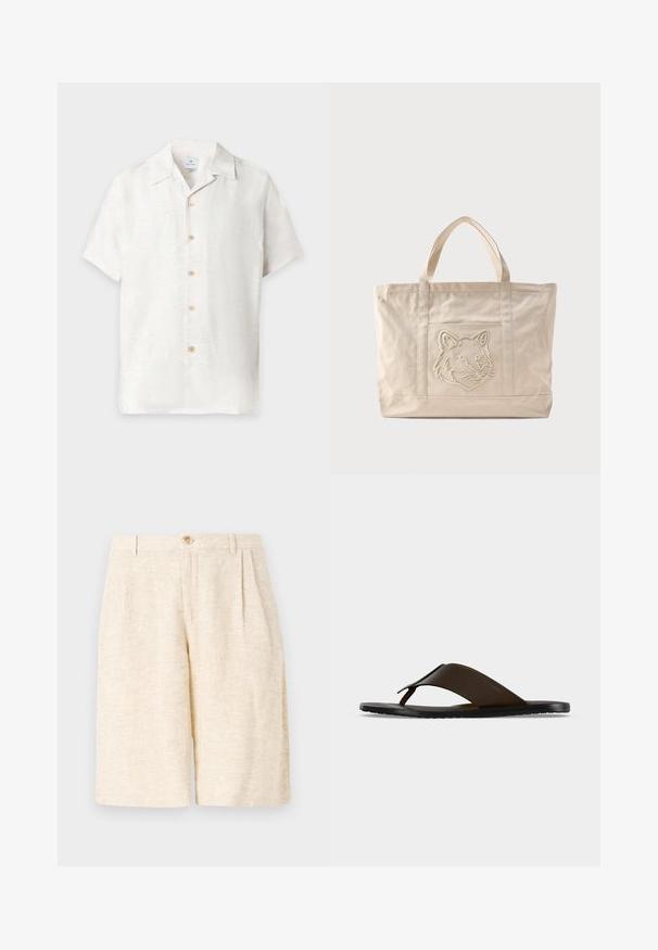 Weiße Kurzarmbluse mit Knopfleiste, dezentem Blumenmuster und klassischem Kragen, vor schlichtem Hintergrund dargestellt.; Beige maßgeschneiderte Shorts aus strukturiertem Gewebe, mit vorderen Falten, einem Knopfverschluss und einem geraden Bein-Design.; Dunkelbraune Lederflipflop-Sandale mit breitem Knöchelriemen und schwarzer flacher Sohle, seitlich auf grauem Hintergrund gezeigt.; Beige Canvas-Tragetasche mit doppelten Griffen und einem geprägten Wolfskopfdesign auf der Fronttasche.