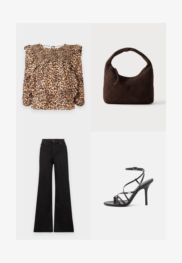 Løveprint bluse med smocket bodice, volang ærmer og afslappet pasform; lavet af letvægtsstof i beige og sorte nuancer.; Sorte flared jeans lavet af denim med høj talje, med forlommer og metaldele på knappen og nitterne.; Sort højhælet sandal med tynde stropper, en ankelspænde, en glat læderoverflade og en slank stilethæl.; Brun flettet håndtaske med rundt håndtag, lavet af tekstureret materiale. Har lynlås lukning og en lille logo detalje.