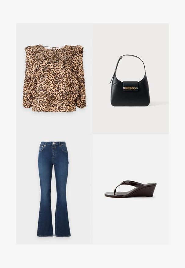 Blusa de estampado de leopardo con cuerpo fruncido, mangas con volantes y un ajuste relajado; hecha de una tela ligera en tonos beige y negro.; CLOSED JOVANNA - Vaqueros a campana - dark blue; Sandalia de cuña de charol marrón con tira entre los dedos y punta abierta, mostrada de perfil sobre un fondo liso.; Bolso de hombro de cuero negro con correa ajustable y logotipo dorado de DKNY en la solapa frontal sobre un fondo blanco.
