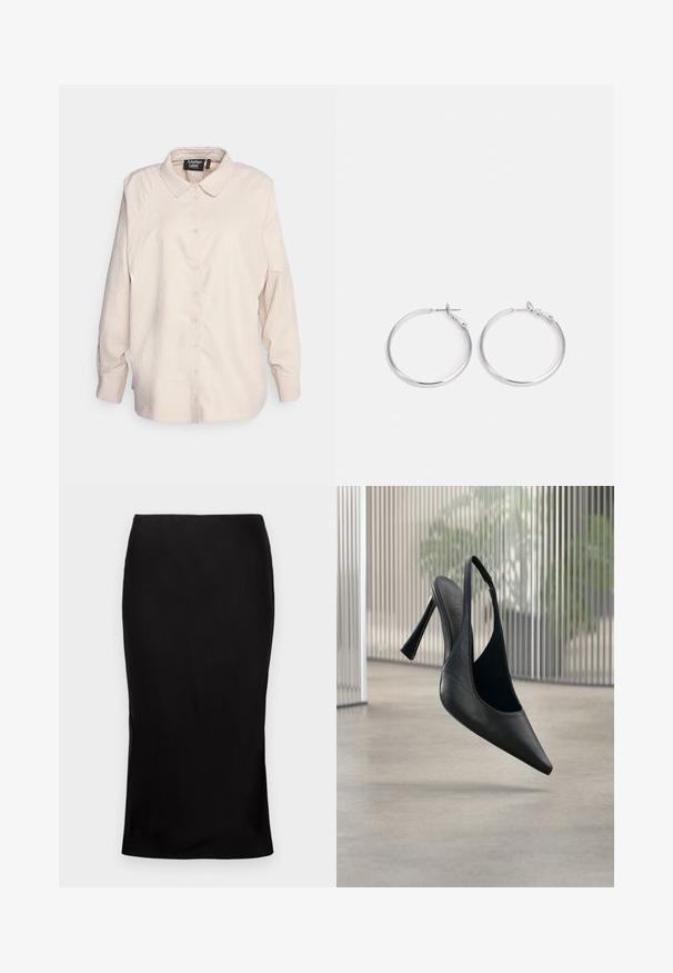 Another-Label KALAL PLISSE SHIRT - Overhemdblouse - sandshell; Zwarte, aansluitende midi-rok met een zachte textuur, zijsplitdetail en een klassieke tailleband. Ontworpen voor een elegante silhoutte.; Zwart leren slingback stiletto hak met puntige neus, zwevend boven een gladde betonnen vloer en verticale metalen paneel achtergrond.; sweet deluxe EARRING - Oorbellen - silver-coloured