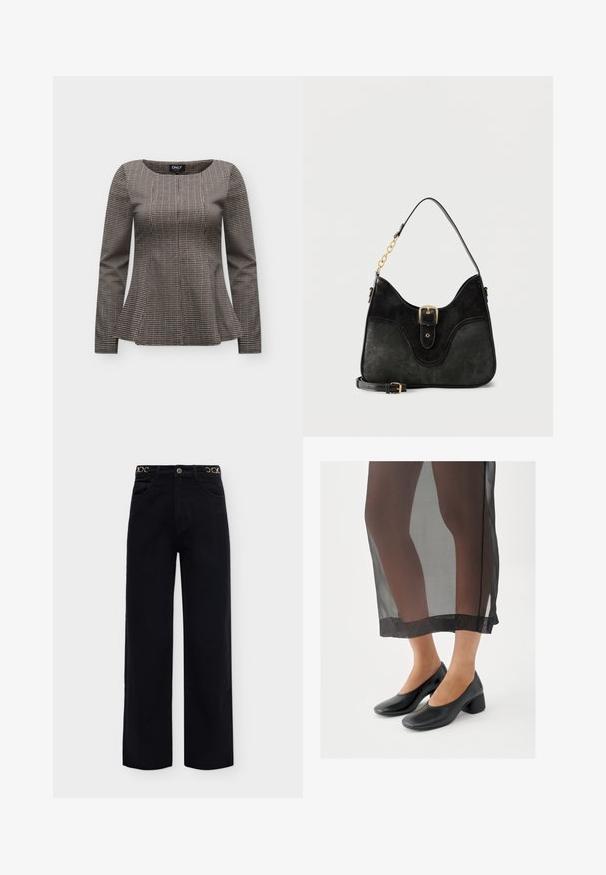 Top ajusté à manches longues avec petit motif à carreaux marron et noir, encolure ronde et légère évasement à la taille.; Pantalon noir taille haute à jambes larges avec poches avant et détail de chaîne dorée à la taille, présenté sur un fond uni.; Chaussures noires à talons blocs avec une finition en cuir lisse, portées avec une jupe noire transparente à ourlet net et design minimaliste.; Sac à main en cuir noir avec détail de boucle dorée, une bandoulière à maillons en chaîne, et une bandoulière croisée amovible et réglable.