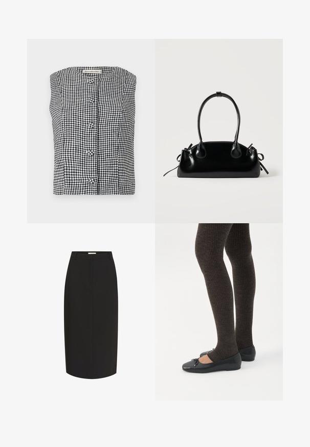 Top sans manches en vichy noir et blanc avec un col arrondi, comportant trois boutons sur le devant et un tissu texturé.; Jupe crayon noire en tissu lisse. Caractéristiques : coupe ajustée, longueur midi, passants pour ceinture et fermeture éclair dissimulée au dos.; Jambes portant des leggings côtelés foncés associés à des ballerines noires avec de petits détails en nœud sur fond blanc.; Petit sac à main noir brillant avec deux longues anses et des détails à cordon sur les côtés sur un fond clair uni.
