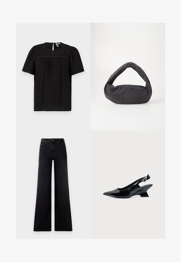 Blouse noire à manches courtes avec un col rond, un tissu subtilement texturé et une fermeture à bouton avec ouverture en forme de goutte dans le dos.; Jean large taille haute noir avec poches avant, passants de ceinture et fermeture à bouton.; Chaussure slingback en cuir verni noir avec bout pointu et petit talon bloc incliné sur fond clair uni.; Sac en tissu gris foncé avec une anse courbée, texture douce et forme arrondie. Pas de matériel ou d'embellissements visibles.