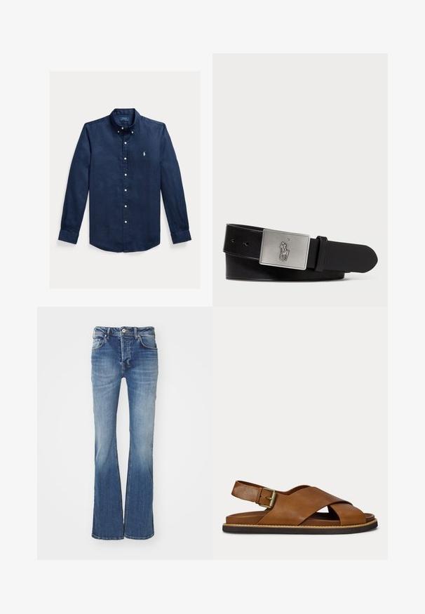 Marineblaues langärmeliges Hemd mit weißen Knöpfen und Polo Ralph Lauren Logo, das auf der Brust aufgestickt ist.; Ausgestellte blaue Jeans aus Denim mit mittlerem Waschungsgrad, im Fünf-Taschen-Design und mit Knopfverschluss. Verfügt über eine ausgebleichte Textur und leichte Abnutzungsspuren.; Braune Ledersandale mit überkreuzten Riemen, verstellbarer Schnalle am hinteren Riemen und schwarzer Sohle mit beigen Steppnähten.; Schwarzer Leder-Gürtel mit einer rechteckigen silbernen Metall-Schnalle, die ein geprägtes Reiter-Logo trägt, glatter Textur und fünf Gürtellöchern.