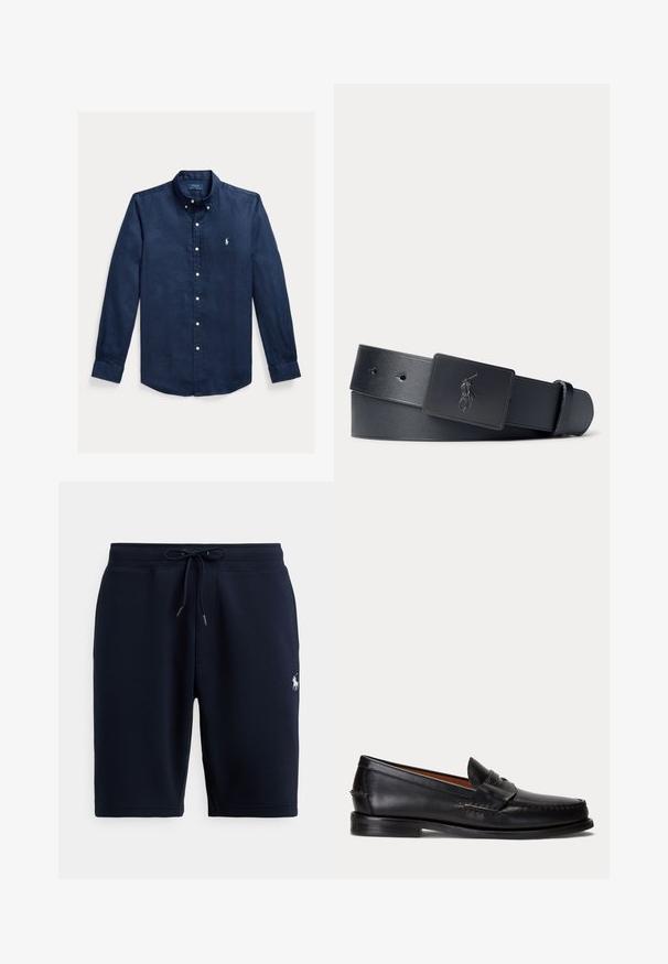 Chemise bleu marine à manches longues avec boutons blancs et logo Polo Ralph Lauren brodé sur la poitrine.; Shorts de sport en coton bleu marine avec taille élastique, cordon de serrage et logo sur le côté gauche. Texture lisse, longueur au genou.; Mocassin en cuir noir avec un petit talon et une bride penny, vu de côté sur un fond gris clair.; Ceinture en cuir noir avec une boucle rectangulaire noire ornée d'un logo de joueur de polo en relief.