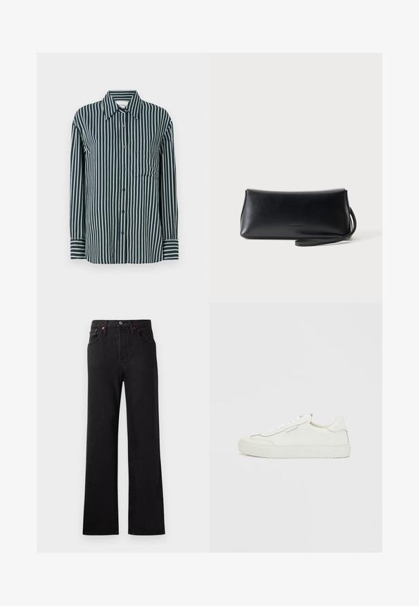 Knap-op skjorte med lodrette marineblå og lysegrønne striber, klassisk krave, lange ærmer og en enkelt brystlomme. Fremstillet af glat stof.; Højtaljede sorte denimjeans med klokkeformede ben, der har synlige syninger, fem-lomme design og detaljer i kobberfarvet metal.; Hvid lav sneaker med bølgede kanter, snørelukning og flad gummisål på en ensfarvet hvid baggrund.; Sort glat læder clutch taske med tyndt håndledsrem, rektangulær form og diskret præget logo centreret foran.
