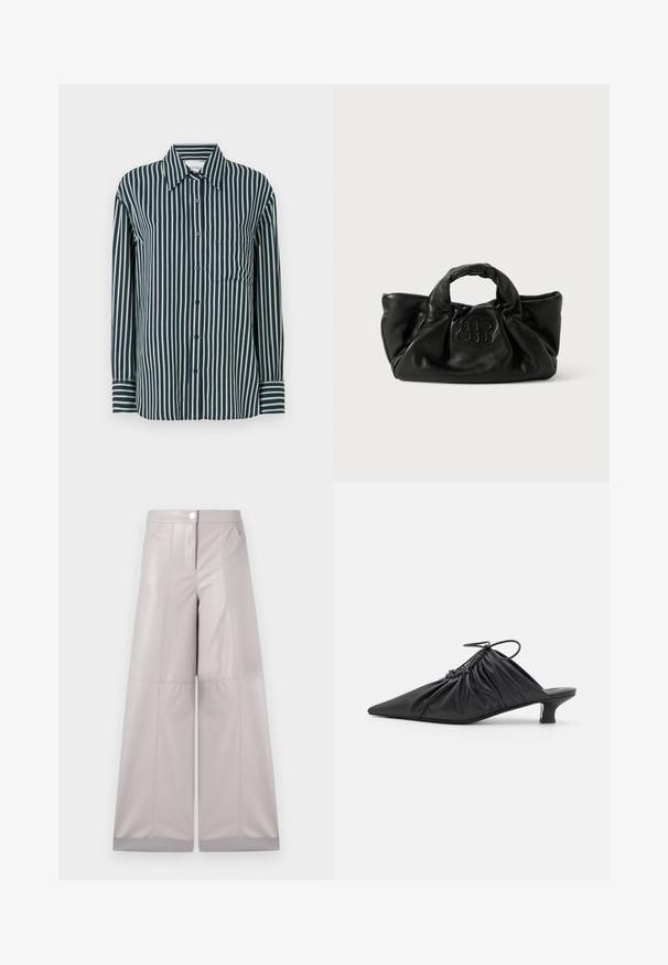 Camisa de botones con rayas verticales en azul marino y verde claro, cuello clásico, mangas largas y un solo bolsillo en el pecho. Fabricada en tejido suave.; Pantalones de pierna ancha en faux cuero gris claro, con cierre de botón en la parte frontal, dos bolsillos laterales y costuras decorativas para mayor textura.; Mules negros de cuero sin hebillas con punta afilada, textura recogida y un pequeño tacón de gato. Presentan un detalle de cordón en la abertura.; Bolso de mano de cuero negro con un diseño suave y recogido. Presenta un logotipo texturizado en la parte frontal y dos asas resistentes para llevar.