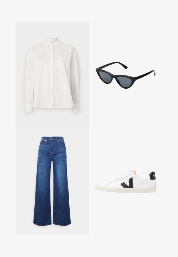 Witte overhemd met knopen, lange mouwen, spreidkraag, enkele borstzak, gemaakt van glad katoenweefsel, voorzien van een rechte zoom.; Wijduitlopende denim jeans in een middelmatige indigo, met een hoge taille, voorkezen en subtiele vervaging. Klassiek vijf-pocket ontwerp met stikdetails.; Witte sneaker met een zwart V-logo, voorzien van een gladleren bovenwerk, ronde neus, vetersluiting en een contrasterende zwarte hieltab.; Zwarte cat-eye zonnebril met donkergrijze lenzen, slank plastic frame, puntige hoeken en rechte pootjes. Geen zichtbare hardware of accenten.