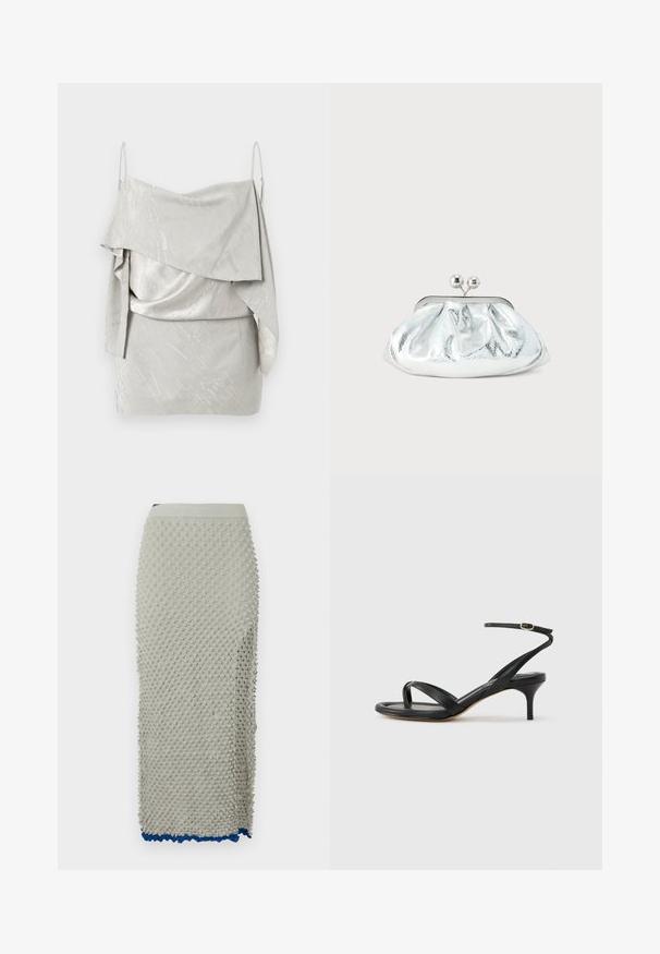 Vestido mini de satén gris claro con tirantes delgados, escote drapeado asimétrico y un sutil patrón de texto impreso en toda la prenda.; Falda de punto en gris claro con diseño texturizado de pompones, cinturilla elástica y dobladillo en azul a rayas. Silueta larga y ajustada.; Sandalia negra de cuero para mujer con tiras finas, un lazo para el dedo del pie, hebilla en el tobillo y tacón de aguja de altura media sobre un fondo neutro.; Pequeño bolso de mano metálico plateado con diseño redondeado y fruncido y cierre de broche con dos esferas plateadas.