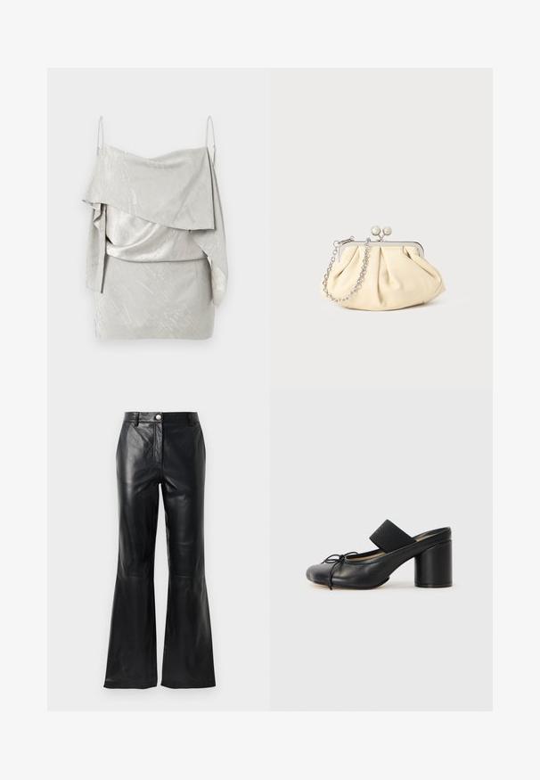 Light gray satin mini dress with thin straps, asymmetrical draped neckline, and subtle printed text pattern throughout.; Black faux leather pants with a high waist, button closure, belt loops, and flared legs against a white background.; Black heeled mules with a rounded toe, made from smooth leather. Features an elasticated band and a prominent cylindrical heel.; Pleated beige leather clutch with a silver metal frame, featuring two round decorative clasps and a silver chain strap.