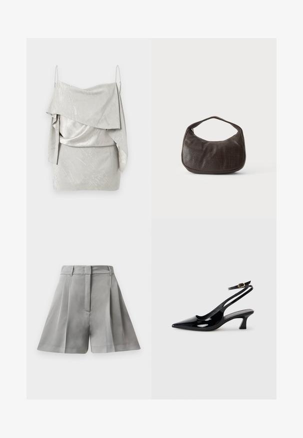 Mini-robe en satin gris clair avec fines bretelles, encolure drapée asymétrique et subtil motif de texte imprimé sur toute la surface.; Shorts plissés gris en tissu lisse, dotés d'une taille haute, de poches avant et d'un design ajusté aux lignes épurées.; Escarpins à brides arrière en cuir verni noir, à bout pointu, avec un petit talon carré et une sangle de cheville ajustable dotée d'une boucle dorée.; Petit sac à main marron foncé texturé avec une courte bandoulière et un fond arrondi sur un fond clair uni.