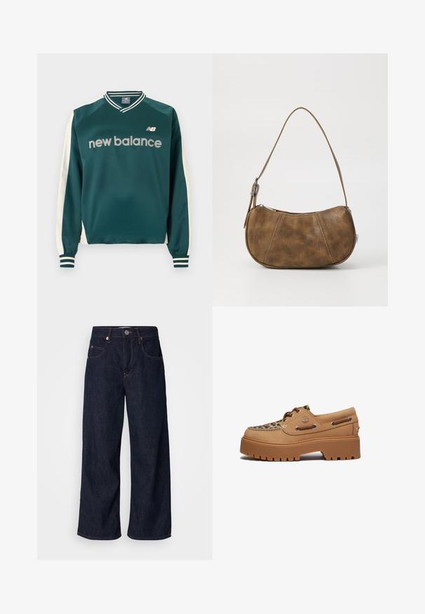Mørkegrøn New Balance sportsbluse med lange ærmer, hvide striber på ærmerne samt ribstrikket krave og manchetter med striber.; Bredde denimjeans i mørkeblå, med høj talje, to forlommer, knaplukning og kontrasterende syninger.; Timberland STONE STREET - Sejlersko - medium beige; Brun faux læder skuldertaske med en buet form, en enkelt strop, kontrasterende syninger og en lynlåslukning langs den øverste kant.