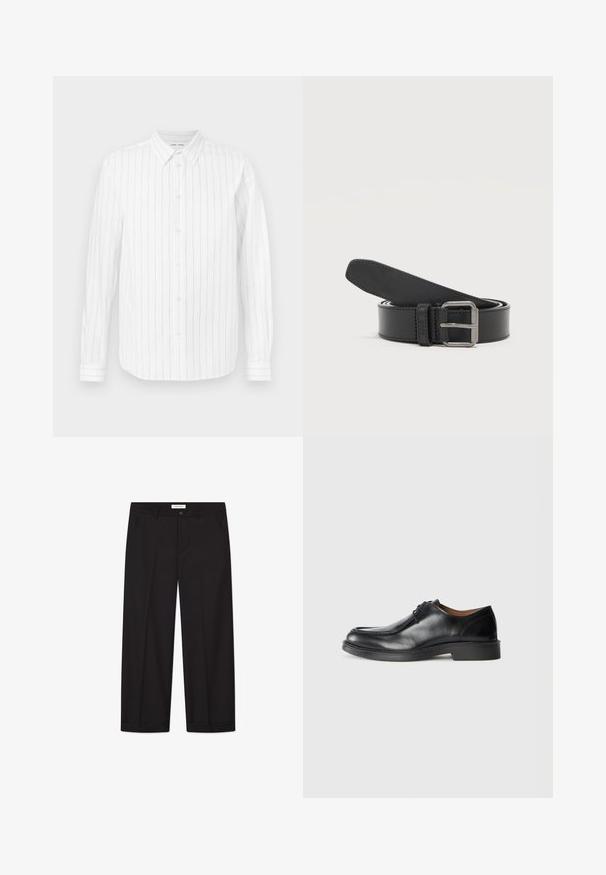 Chemise blanche à manches longues avec des rayures verticales grises, col boutonné, boutons sur le devant et manches à poignets. Texture de tissu lisse.; Pantalons larges noirs en tissu lisse. Comprend une fermeture avec bouton et zip, deux poches avant et une finition ourlée nette.; Chaussure de ville en cuir noir avec un bout arrondi, surface lisse, détails en dentelle et une semelle en caoutchouc texturée basse. Lignes épurées et design minimal.; Ceinture en cuir noire enroulée avec une boucle rectangulaire en métal argenté sur un fond clair uni.