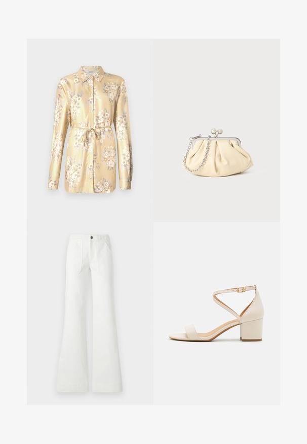 Chemise en satin léger jaune clair à imprimé floral, à manches longues, avec un devant boutonné et un détail à nouer à la taille. Dotée de fleurs blanches et beiges et de feuilles vertes.; Pantalon évasé blanc en tissu tissé, avec une ceinture tressée, deux poches avant et une texture lisse. Fermé avec un bouton noir.; Sandales à talon bloc beiges présentant un design minimaliste, bout ouvert et une sangle de cheville ajustable avec une boucle dorée. Texture lisse.; Pochette en cuir beige plissé avec un cadre en métal argenté, dotée de deux fermoirs ronds décoratifs et d'une chaîne en argent.