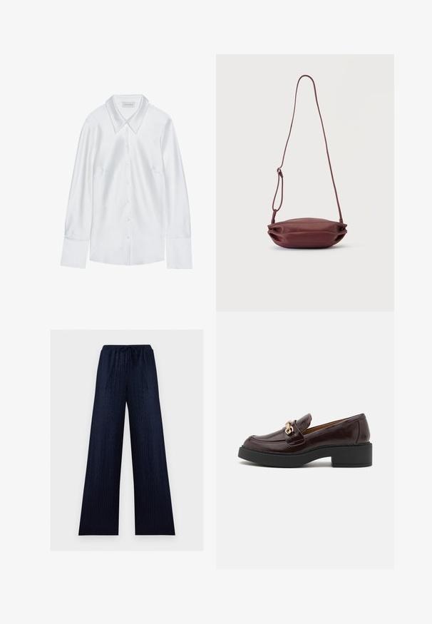 Chemise blanche à manches longues avec un col classique, dotée d'une fermeture à boutons sur le devant et d'une texture lisse, fabriquée en tissu léger avec un éclat subtil.; Pantalon large bleu marine avec une texture subtile en zigzag, taille élastique et fermeture à cordon.; Mocassin en cuir brun avec une boucle d'accent dorée, un talon noir en bloc et une texture lisse. La vue latérale met en avant un bout arrondi et des détails cousus.; Petit sac bandoulière en cuir grenat avec une fine sangle réglable, présenté à plat sur un fond blanc.