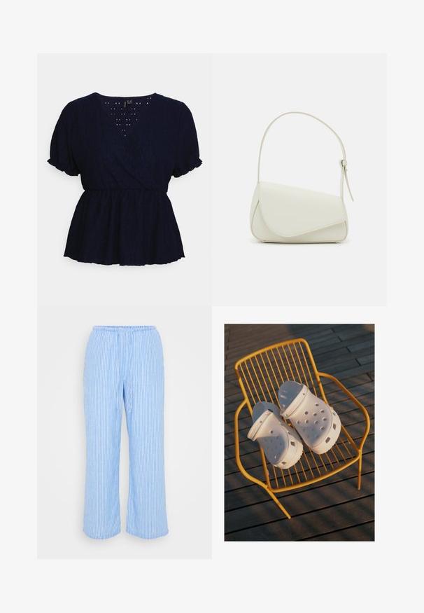 Vero Moda Petite VMULRIKKE BRODERIE ANGLAIS - Tričko s potlačou - navy blazer; Svetlomodré pruhované nohavice vyrobené z mäkkej tkaniny, s elastickým pásom, šnúrkou na sťahovanie a širokými, skrátenými nohavicami.; Biele Crocs klumpové topánky majú perforovaný dizajn, rovné podrážky a nastaviteľné opierky na päty, umiestnené na žltej drôtovej stoličke na drevenej podlahe.; Biela kabelka z umelého kože so štruktúrovaným trojuholníkovým tvarom, jedným nastaviteľným popruhom a prekrytím so zakriveným akcentom.