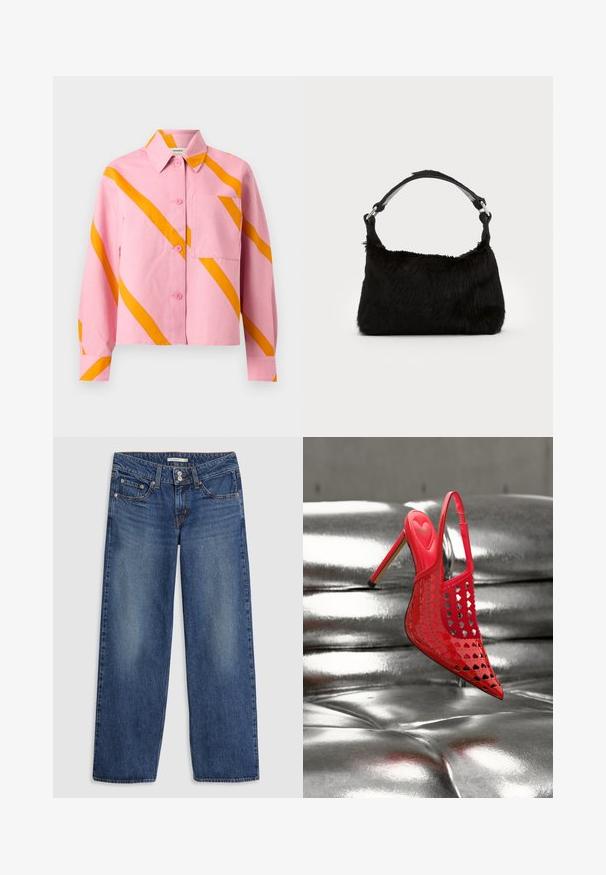 Chemise rose à manches longues avec col et rayures diagonales orange, dotée d'une poche poitrine sur le côté gauche.; Jeans en denim bleu à jambes larges avec une fermeture à bouton, design à cinq poches, légère décoloration sur les cuisses et accents de couture sur les coutures.; Chaussure rouge à talons hauts avec bride arrière et découpes en forme de cœur, présentée sur une surface argentée brillante et capitonnée.; Sac à main en fausse fourrure noire avec une texture douce, une forme arrondie et une bandoulière en cuir noir robuste. Accent en métal argenté visible.