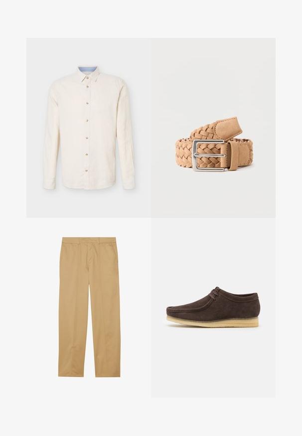 Beige overhemd met lange mouwen en knopen, met een puntkraag, zeven zichtbare knopen en een lichtblauw detail aan de binnenzijde van de kraag.; Khaki broeken van gladde stof, met een recht gesneden ontwerp, twee voorzakken en schone, minimalistische stikdetails.; Bruine suède schoen met een gladde afwerking, ronde neus en minimalistisch ontwerp. Voorzien van een lichtgekleurde rubberen zool en contrasterende veters.; Gevlochten beige suède riem met een zilverkleurige rechthoekige metalen gesp, opgerold op een effen lichte achtergrond.