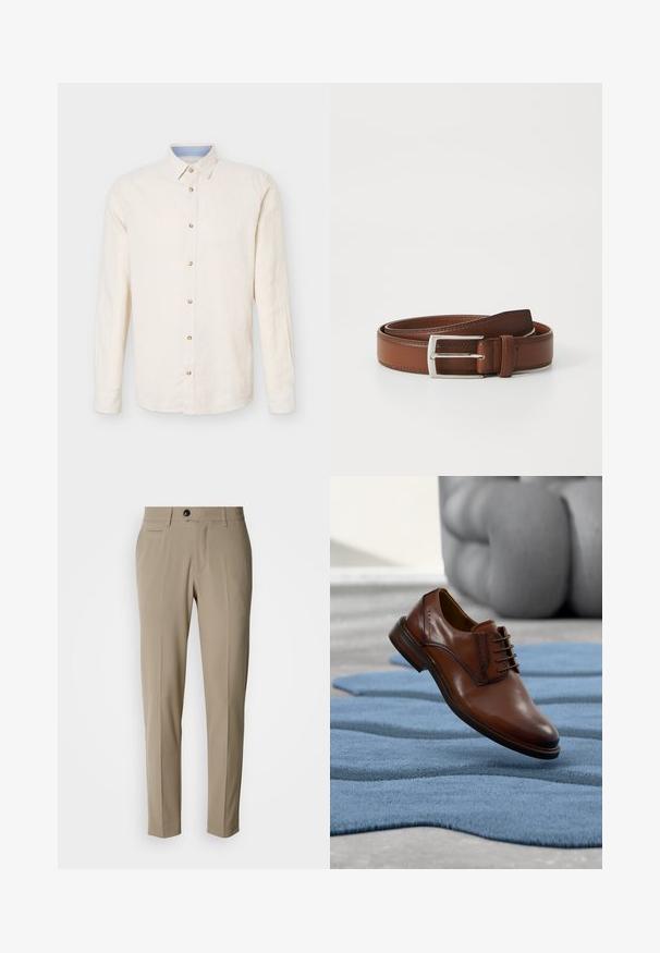 Chemise beige à manches longues avec boutons, col pointu, sept boutons visibles et un détail intérieur du col bleu clair.; Pantalons beige sur mesure avec un devant plat, des poches latérales, des passants pour ceinture et une fermeture à un seul bouton noir. Texture de tissu lisse.; Chaussure habillée en cuir marron avec lacets posée sur un tapis bleu texturé, avec un canapé gris flou en arrière-plan.; Ceinture en cuir brun au fini lisse, avec une boucle en métal argenté et une couture subtile le long des bords. Design classique et durable.