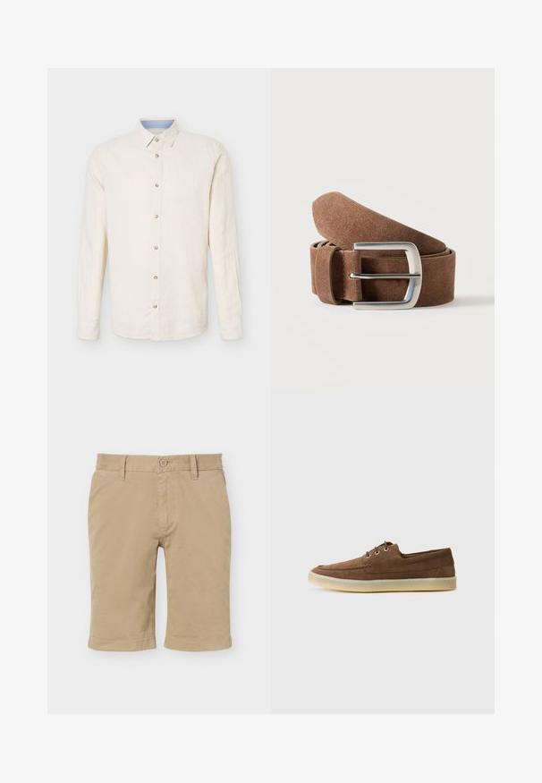 Chemise beige à manches longues avec boutons, col pointu, sept boutons visibles et un détail intérieur du col bleu clair.; Shorts en coton beige jusqu'au genou avec fermeture par bouton et fermeture éclair, passants pour ceinture, et poches latérales sur fond blanc.; Chaussures en suede marron à profil bas, avec un laçage, semelle en caoutchouc et des détails de couture contrastants. Style simple et fonctionnel.; Ceinture en daim marron roulée avec une boucle rectangulaire en métal argenté sur un fond clair uni.
