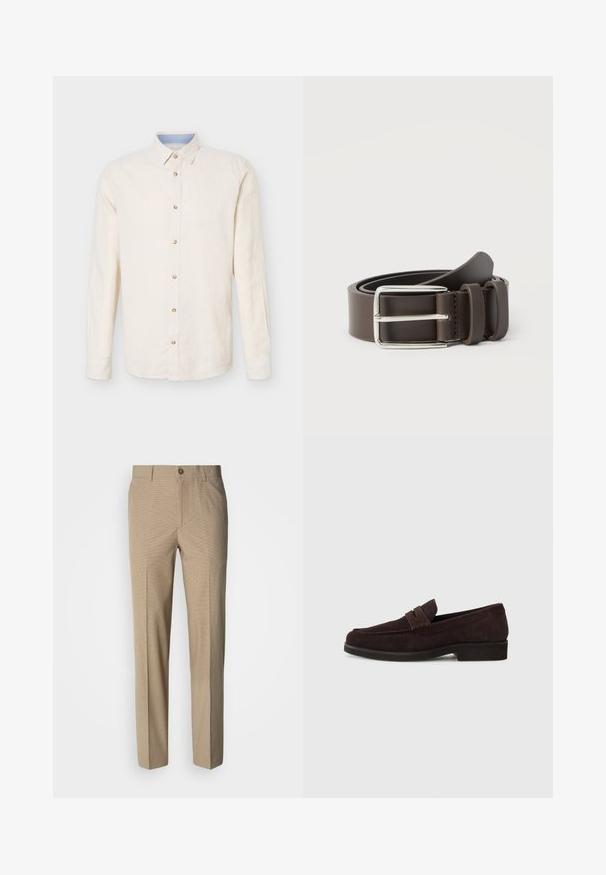 Chemise beige à manches longues avec boutons, col pointu, sept boutons visibles et un détail intérieur du col bleu clair.; Pantalon beige à motif à carreaux avec une coupe droite, doté d'une fermeture par bouton et d'une texture de tissu lisse.; Mocassins en daim marron avec une silhouette basse et un embout arrondi. Présentent une sangle décorative sur le dessus, une semelle en caoutchouc plate et sans couture visible.; Ceinture en cuir marron avec une boucle en métal argenté, présentant une texture lisse et un design simple. Comprend une boucle pour l'ajustement et la fixation.
