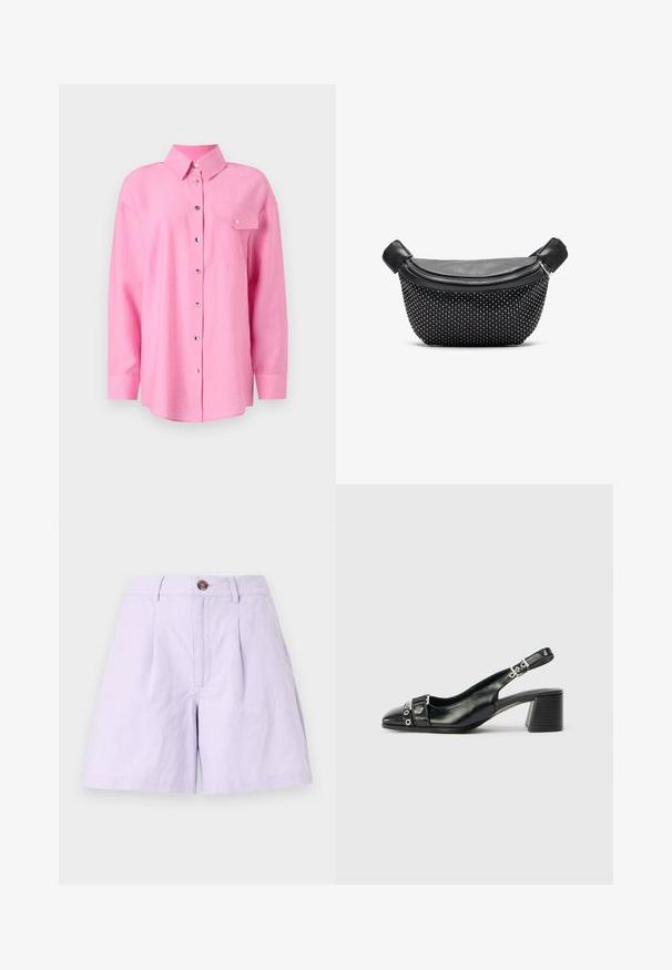 Paarse linnen shirt met een kraag, lange mouwen, een knoopsluiting aan de voorkant en een enkele borstzak. Bevat metalen knopen en een gebogen zoom.; Lila shorts van lichtgewicht stof met een geplooide voorkant, een knoopsluiting, riemlussen en zijzakken. Schone randen en een klassiek ontwerp.; Zwart leren slingback hak met een spitse neus, eenTextuur strap met cirkelvormige metalen accenten en een gestapelde blokhak.; Zwarte handtas met een gladde leren bovenkant en een gestructureerde basis bedekt met zilveren studs, voorzien van een ritsluiting en dubbele handvatten.