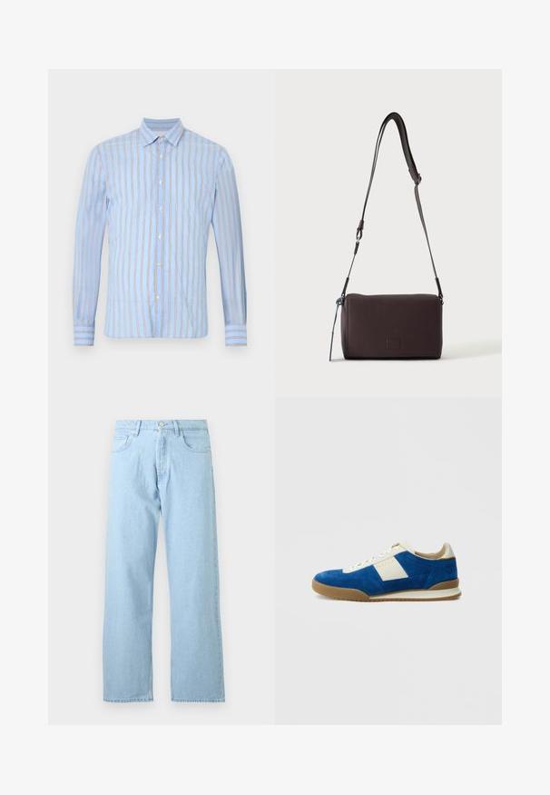 Chemise bleu clair à manches longues avec des rayures verticales marron et un col pointu sur fond blanc.; Jean droit en denim bleu clair avec fermeture avant par bouton et zip, passants de ceinture et style cinq poches.; Baskets en daim bleu avec des accents en cuir blanc, surface texturée, bout rond et semelle en gomme. Comprend un détail de logo sur le côté.; Sac bandoulière en cuir marron foncé texturé avec une sangle réglable et un petit accent décoratif bleu sur le côté.