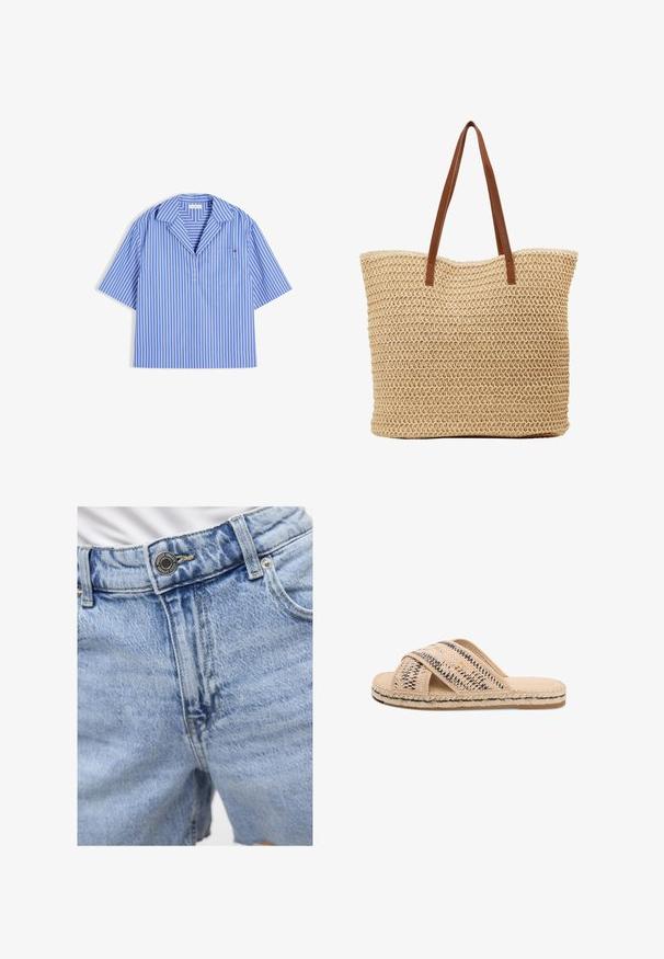 Blå og hvide vertikale stribede kortærmede skjorte med åben krave og brystlomme på hvid baggrund.; Lyseblå denim shorts med høj talje, synlig syning, to forlommer og metalknaplukning. Glat tekstur.; Beige vævet slip-på sandal med krydset stropper, flettet jutemellemsål og flad gummiydersål.; Vævet stråtaske i cylindrisk form, med en lys beige farve, struktureret overflade og brune kunstlæderremme.