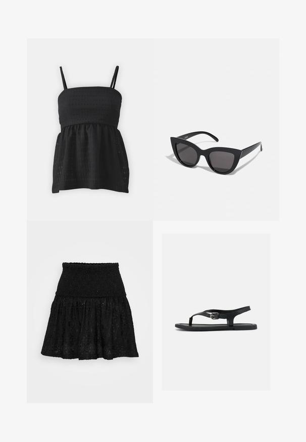 Čierny peplum top vyrobený z textúrovanej tkaniny, s nastaviteľnými ramienkami a priliehavým telom, ktoré sa pri páse rozširuje.; Čierna sukňa so zúženým pásom a viacvrstvovým dizajnom, s vyšívanými kvetinovými vzormi a textúrovanou tkaninou.; Čierna plochá sandála s remienkom na členku, prstovým popruhom a striebornou prackou na hladkej podrážke, zobrazená z boku na bielom pozadí.; Čierne slnečné okuliare v štýle mačacích očí s matným povrchom, so šedými tónovanými sklami, ostrými hranami a elegantnými bokovými ramenami. Názov značky je viditeľný na vnútornom ramene.