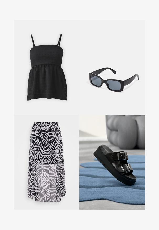 Top peplum negro hecho de tejido texturizado, con tirantes ajustables tipo espagueti y un bodice ajustado que se ensancha en la cintura.; Falda de patrón de hojas en blanco y negro, hecha de un tejido ligero y texturizado, con cintura elástica y diseño de longitud de suelo.; Sandalia negra con dos hebillas plateadas, suela con plataforma, colocada sobre una alfombra azul texturizada con muebles beige desenfocados en el fondo.; Gafas de sol rectangulares negras con lentes oscuros, montura de plástico grueso y patillas anchas. Superficie lisa y diseño anguloso.