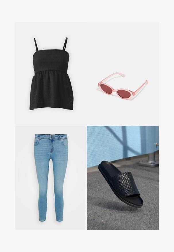 Čierny peplum top vyrobený z textúrovanej tkaniny, s nastaviteľnými ramienkami a priliehavým telom, ktoré sa pri páse rozširuje.; Svetlomodré elastické džínsy s úzkym strihom, päť vreciek, jemným vyblednutím a zipsom so zapínaním na kovový gombík.; Čierne šľapky s tkanou textúrou na vrchu, hladkou podrážkou, plochým dizajnom a minimalistickým štýlom vhodné na každodenné nosenie.; Ružové priehľadné slnečné okuliare s oválnymi šošovkami, tmavočerveným tónovaním a štíhlymi ramenami, so hladkým povrchom a jemnými detailmi na ráme.