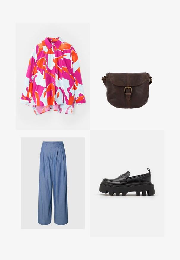 Napapaita pyjamashirt, jossa on värikäs abstrakti kuvio vaaleanpunaisena, oranssina ja vaaleansinisena. Valmistettu sileästä kankaasta, jossa on kaulus ja pitkät hihat.; Korkeavyötäröiset, löysät siniset housut, joissa on etupleat, suorat, leveät lahkeet ja piilotettu etukiinnitys.; Mustat nahka loaferit paksulla mustalla kumipohjalla, joissa on liukastumisenestourat ja koristeellinen hihna edessä.; Tummanruskea nahkainen satulalaukku, jossa kaareva läppä, ommellut yksityiskohdat ja messinkinen solkikiinnitys säädettävässä olkahihnassa.
