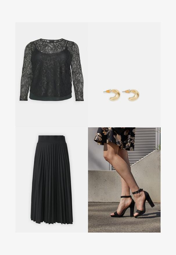 Persona by Marina Rinaldi VITA - Blusa - nero; Falda negra con plisados y una cinturilla ancha, con pliegues verticales uniformes en toda su extensión. Textura suave con un diseño fluido.; Sandalias de tacón alto de ante negro con una correa en el tobillo y hebilla, diseño de punta abierta y tacón ancho. Textura suave y estilo minimalista.; Pendientes en forma de media luna de oro con un acabado suave, que presentan acentos naranjas cerca del pasador y herrajes de plata.