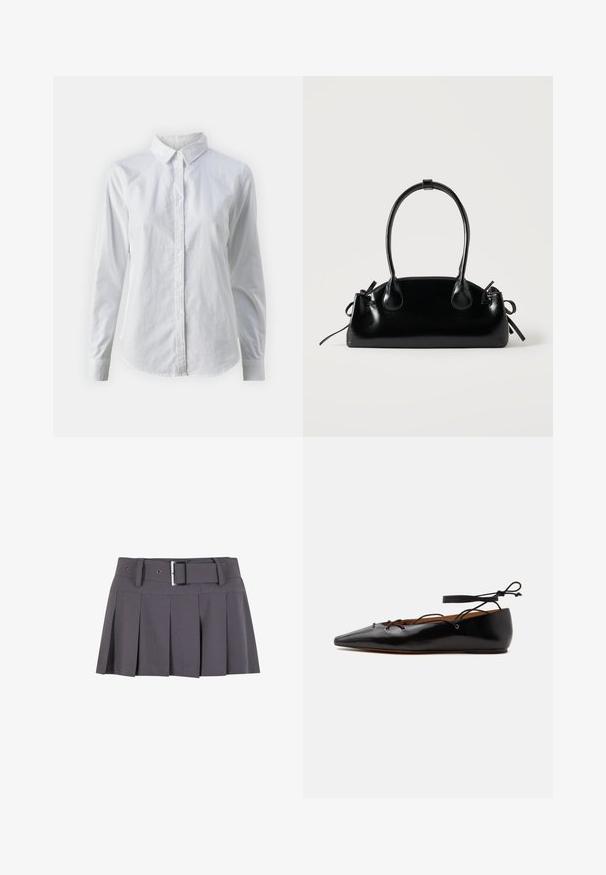 Hvid skjorte med knapper lavet af glat bomuld, der har en klassisk krave, lange ærmer og en buet kant. Knapperne er små og hvide.; Grå plisseret mini skirt med en glat tekstur, der har en bred taljeafsnit, bæltestropper og en rektangulær sølvspænde detalje.; Sort laklæder flad sko med spids snude, snøredetalje og ankelrem, vist på hvid baggrund.; Lille sort blank håndtaske med to lange håndtag og snøre-detaljer i siden på en ensfarvet lys baggrund.