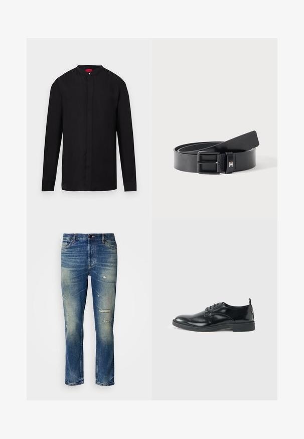 Schwarzes Langarmhemd mit Stehkragen und verdeckter Knopfleiste, dargestellt vor weißem Hintergrund.; Hellblaue Jeans aus Denim mit lässiger Passform, die abgenutzte Details, verblasste Stellen und einen klassischen Knopf- und Reißverschluss aufweisen.; Glänzender schwarzer Lederschuh mit niedrigem Absatz, Schnürverschluss und runder Kappe, seitlich auf hellem, schlichten Hintergrund gezeigt.; Schwarzer Ledergürtel mit matter schwarzer Metallschnalle, leicht gerollt mit Gürtelende auf einer weißen Oberfläche liegend.