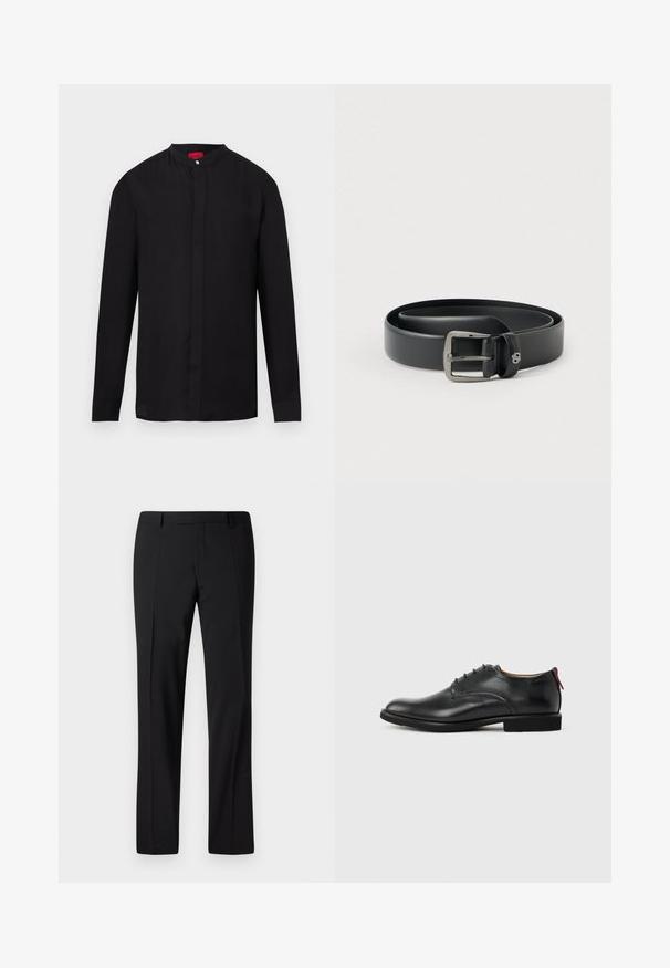 Schwarzes Langarmhemd mit Stehkragen und verdeckter Knopfleiste, dargestellt vor weißem Hintergrund.; Schwarze, maßgeschneiderte Hose mit geradem Bein, ausgestattet mit einer glatten Textur, gefaltetem Vorderteil und einem klassischen Bund für ein formelles Erscheinungsbild.; Schwarzer Herren-Lederschuh mit Schnürung und rotem Zuglasche an der Ferse vor schlichten Hintergrund.; Schwarzer Ledergürtel mit glänzender silberner Metallschnalle, glatter Textur und genähten Kanten. Verfügt über eine Schlaufe zum Sichern des Gürtelendes.
