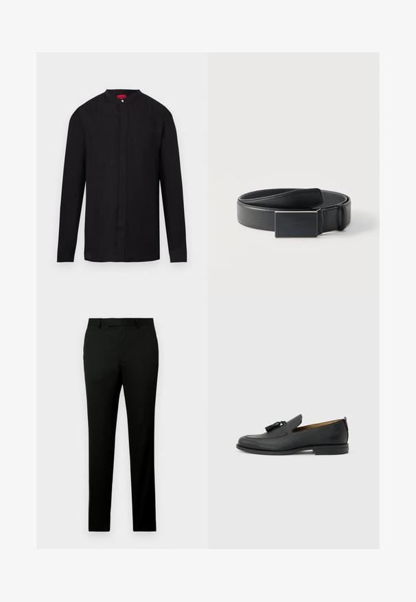 Zwart shirt met lange mouwen, mandarijnkraag en verborgen knoopsluiting, afgebeeld op een witte achtergrond.; Zwarte broek met een rechte pijp, gemaakt van een gestructureerde stof, met ceintuurlussen en zijzakken. Eenvoudig, strak ontwerp.; Zwarte leren herenslof met kwastjes, ronde neus, lage hak en trekkoord aan de achterkant, zijaanzicht op lichtgrijze achtergrond.; Zwarte leren riem opgerold met een rechthoekige matte zwarte gesp en een discreet geperst logo op een witte achtergrond.