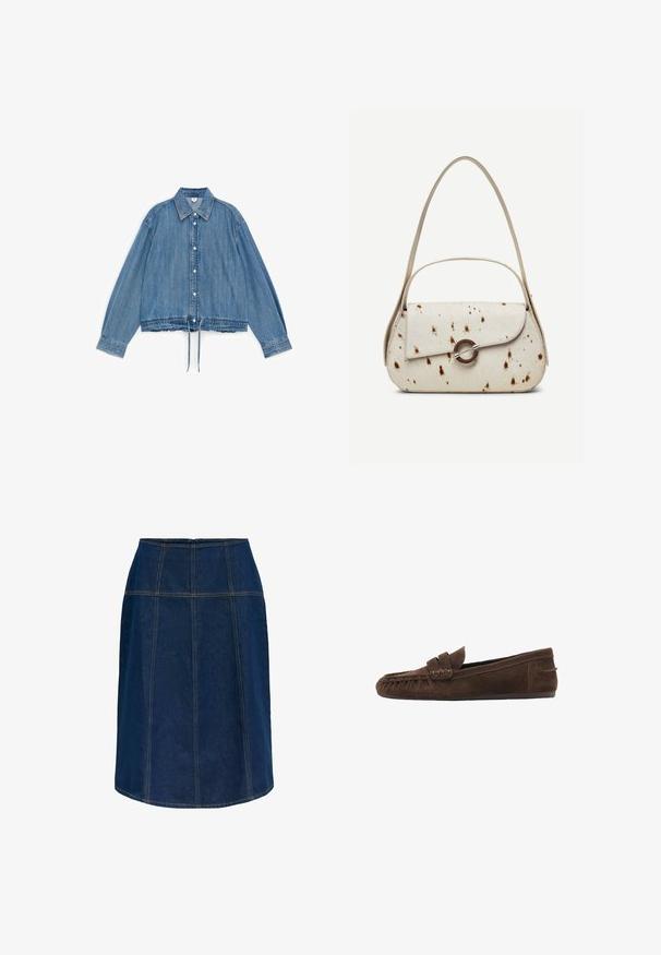 Veste en denim bleu à boutons, manches longues, col pointu et cordon de serrage ajustable à l'ourlet, posée à plat sur un fond blanc.; Jupe en jean bleu foncé longueur genou avec des détails de coutures verticales et horizontales, avec des surpiqûres contrastantes orange et une silhouette en A.; Mocassin marron en daim avec détails cousus et petit talon, présenté de profil sur fond blanc.; Sac à main couleur crème avec des taches marron, rabat incurvé avec une fermeture métallique circulaire, doté de deux fines anses, dont une plus longue pour porter à l'épaule.