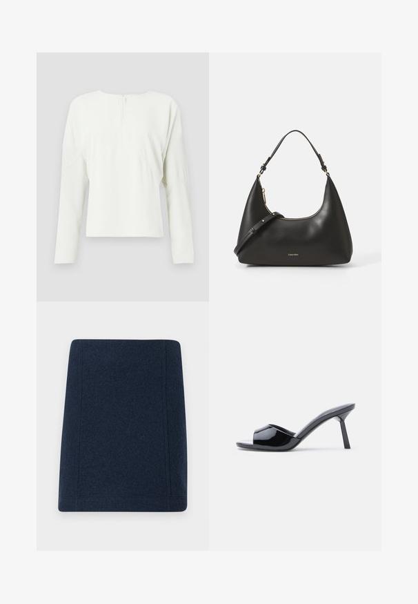 Blusa blanca de manga larga con cuello redondo y cremallera en la parte posterior. Presenta un corte holgado y detalles de costura sutiles, fabricada en una tela suave.; Minifalda de lana en navy con forma recta, costuras planas y una textura suave. Sin patrones ni adornos visibles.; Sandalias de tacón con punta abierta de charol negro, con un diseño superior curvado y tacón de aguja cónico. Acabado liso y brillante.; Bolso hobo de cuero negro con una estructura curva, cremalleras doradas y correa ajustable. Presenta un logoembosado en la parte frontal. Textura suave.