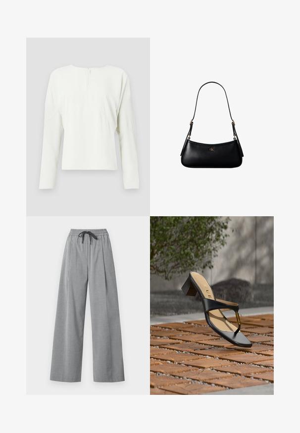 Haut à manches longues blanc avec un col rond et une fermeture éclair au dos. Présente une coupe décontractée et des détails de couture subtils, fabriqué à partir d'un tissu lisse.; Pantalon gris clair à jambes larges avec taille élastique et cordon noir, fabriqué en tissu lisse, présenté sur fond blanc.; Sandale noire à talon avec boucle pour l'orteil et accent doré, placée sur une surface pavée en bois et pierre en extérieur près de la verdure.; Mini sac à bandoulière en cuir noir avec une fine bandoulière et un petit logo CK doré au centre avant.