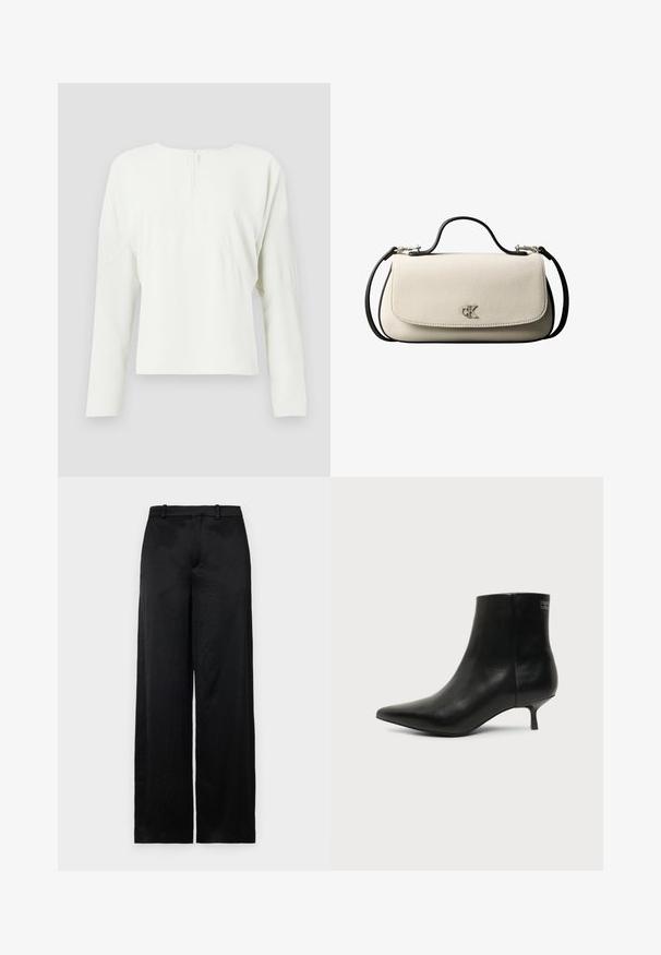 Blusa blanca de manga larga con cuello redondo y cremallera en la parte posterior. Presenta un corte holgado y detalles de costura sutiles, fabricada en una tela suave.; Pantalones de pierna ancha negros, hechos de una tela ligera y texturizada. Presentan una cinturilla lisa con trabillas para el cinturón y una silueta recta y fluida.; Botín de piel negra con puntera puntiaguda y tacón bajo estilo kitten sobre fondo claro, mostrando vista lateral exterior.; Bolso rectangular de color crema con correa y asa negras, cierre frontal con solapa y pequeño logo plateado "cK" en el centro del frente.