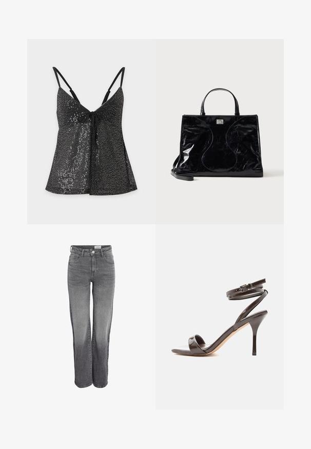 Sort ærmeløs top med tynde stropper og bindebånd foran, dækket af skinnende sorte palietter, vist på en ensfarvet lys baggrund.; Grå denimjeans med høj talje og lige ben, foran med knaplukning, bæltestropper og falmet effekt på lår og knæ.; Mørkebrune laklædersandal med høj hæl, tynd ankelrem og åben tå på hvid baggrund.; Sort blank læderhåndtaske med korte håndtag, aftagelig skulderrem og subtile buede syninger foran.
