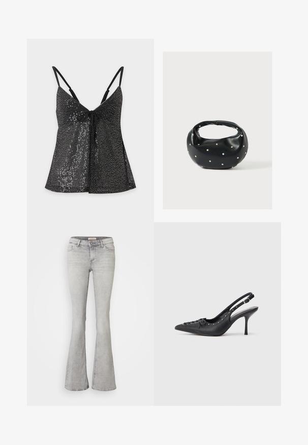 Top noir sans manches avec fines bretelles et lien à l'avant, recouvert de sequins noirs brillants, présenté sur un fond clair uni.; Jeans en denim gris évasés avec une taille ajustée, un design à cinq poches et un léger délavage. Présentent une fermeture à bouton et un ourlet cousu.; Escarpin en cuir noir à talon aiguille avec un bout pointu, une bride latérale à boucle, des clous le long du bord et un laçage décoratif à l'avant.; Sac à main en cuir noir de forme arrondie, décoré de clous argentés et équipé d'une poignée courte. Texture lisse et fermeture éclair.