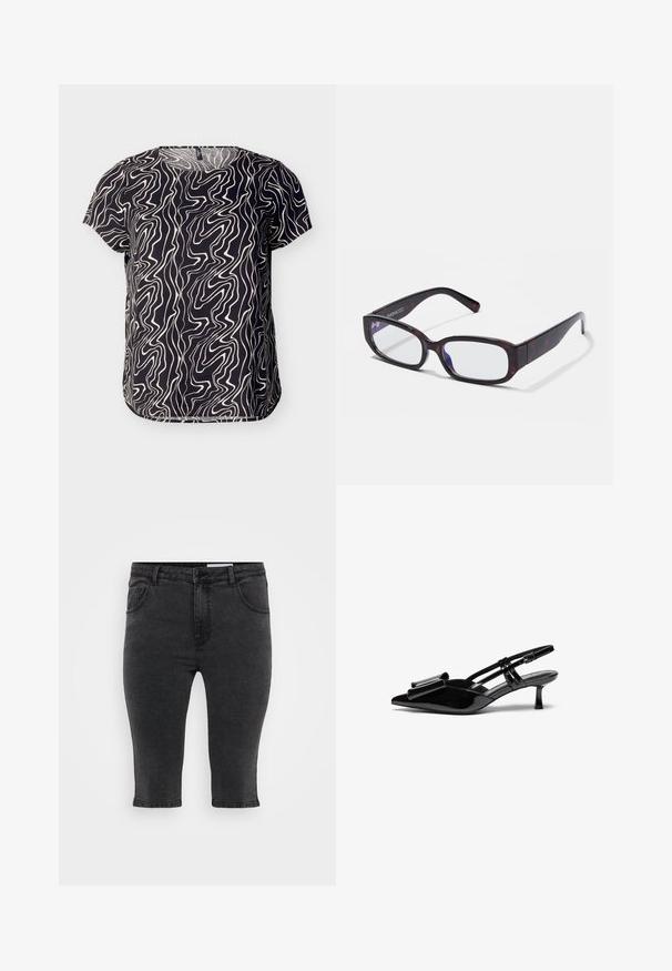 Sort kortærmet bluse med abstrakt mønster af bølgede hvide linjer og rundet kant, vist mod en ensfarvet baggrund.; Sorte denim capri-bukser med lige skæring, fem lommer og tonalt syning. Stoffet har en let tekstur og et klassisk design.; Sorte patenterede læderslingbacks med spids tå, en sløjfedetalje foran og en lille stilettohæle. Remmene har justerbare spænder.; Brune skildpadde-rektangulære briller med klare linser og slanke arme, der viser en glat tekstur og minimalistisk design.
