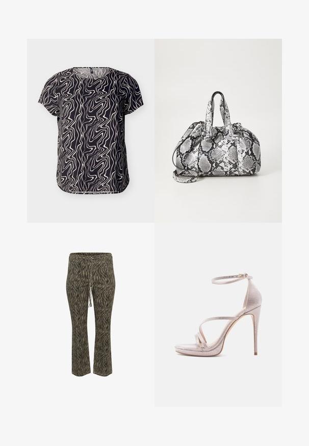 Zwart korte mouwen blouse met een abstract patroon van golvende witte lijnen en een afgeronde zoom, weergegeven tegen een effen achtergrond.; Elastische tailleband broek met trekkoord in khaki en beige zebra patroon. Middelhoge taille, uitlopende pijpen, zachte textuur. Geschikt voor casual wear.; Zilveren sandaal met hoge hak en dunne bandjes, een enkelriempje met gesp en een gestructureerd oppervlak, zijaanzicht op een witte achtergrond.; Zwart-wit handtas met slangenhuidpatroon, voorzien van twee handvaten, een trekkoordsluiting en een afneembare schouderriem. Hanteert een gladde textuur.