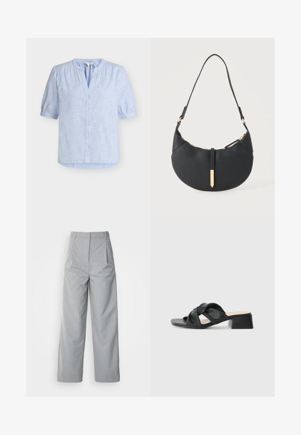 Blouse bleu clair à manches courtes avec motif de carreaux subtil, encolure ronde avec petite coupe en V, devant boutonné, et épaules et manches légèrement froncées.; Pantalons larges gris en tissu texturé, avec une taille haute, des plis à l'avant et une coupe droite jusqu'à l'ourlet.; Sandale en cuir noir avec un design supérieur tordu, bout carré et un petit talon carré, présentant une texture lisse et un style minimaliste.; Sac à main noir en forme de croissant avec une bandoulière unique, une fermeture éclair dorée et une languette décorative rectangulaire dorée à l'avant.